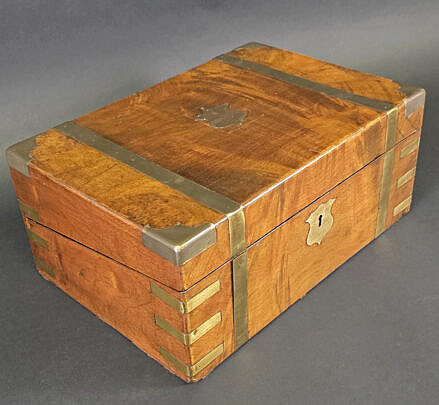 Antique Brass Bound Flame Birch Campaign Traveling Lap Desk, 19th century