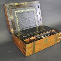 Antique Brass Bound Flame Birch Campaign Traveling Lap Desk, 19th century