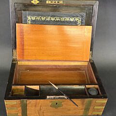 Antique Brass Bound Flame Birch Campaign Traveling Lap Desk, 19th century