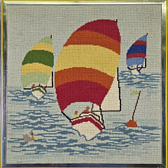 Vintage Erica Wilson Nantucket Sailboat Regatta Pictorial Needlepoint, 20th century