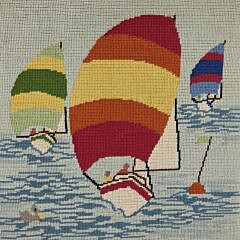 Vintage Erica Wilson Nantucket Sailboat Regatta Pictorial Needlepoint, 20th century