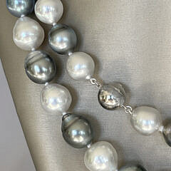 Fine 12mm x 13.8mm White South Sea and Grey Baroque Tahitian Pearl Necklace, 14k White Gold Clasp