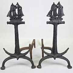 Pair of Vintage Cast Iron Anchor and Clipper Ship Andirons