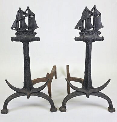 Pair of Vintage Cast Iron Anchor and Clipper Ship Andirons