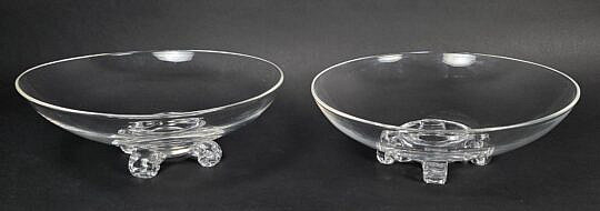 Pair of John Dreves Large Signed Steuben Clear Crystal Scroll Footed Bowls, 20th century 