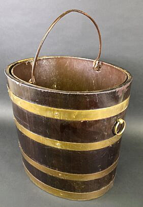 Antique English Oak Brass Bound Peat Bucket, 19th Century