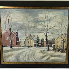Anthony Thieme Oil on Board Winter Street Scene Painting, 20th century