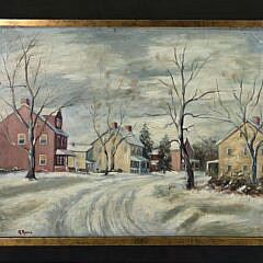 Anthony Thieme Oil on Board Winter Street Scene Painting, 20th century
