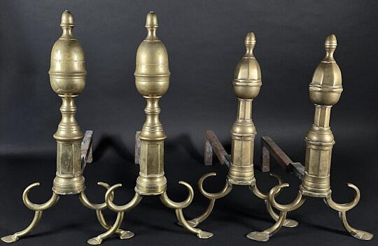 Scarce Near Two Pair of Antique Philadelphia Brass Andirons, late 18th Century