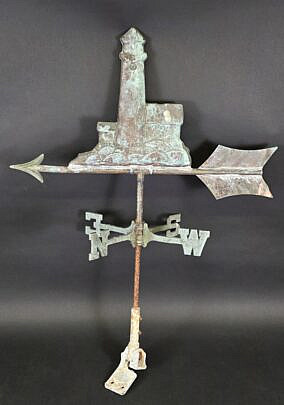 Vintage Figural Copper Lighthouse Directional Weathervane, 20th century