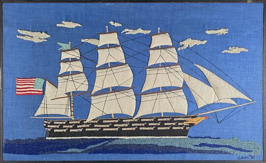 Vintage Three Masted American Clipper Ship Needlepoint Embroidery, 20th century