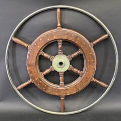 Vintage Nickel Plated and Mahogany Inlaid Yacht Ships Wheel