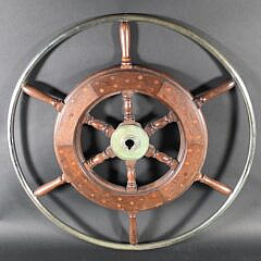 Vintage Nickel Plated and Mahogany Inlaid Yacht Ships Wheel