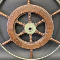 Vintage Nickel Plated and Mahogany Inlaid Yacht Ships Wheel