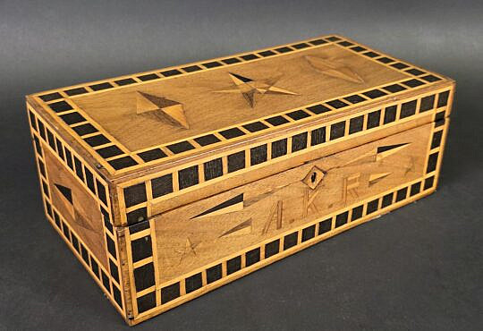 Antique Sailor Made Ebony and Satinwood Inlaid Lift Top Box, 19th century