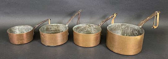 Set of Four Nesting Antique French J. Jacquotot Copper Cookware Pots, circa 1920s