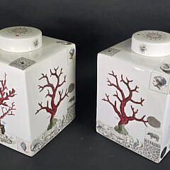 Pair of Red Coral Decorated Square Covered Porcelain Jars