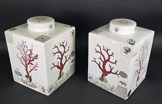 Pair of Red Coral Decorated Square Covered Porcelain Jars