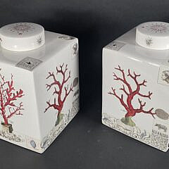 Pair of Red Coral Decorated Square Covered Porcelain Jars