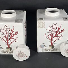 Pair of Red Coral Decorated Square Covered Porcelain Jars