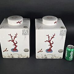 Pair of Red Coral Decorated Square Covered Porcelain Jars