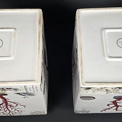 Pair of Red Coral Decorated Square Covered Porcelain Jars