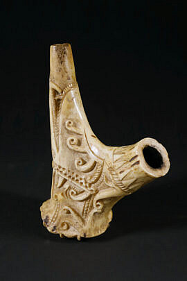 Carved Stag Horn Pipe with Bas Relief hunter and Prey Decoration
