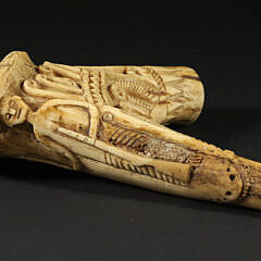 Carved Stag Horn Pipe with Bas Relief Hunter and Prey Decoration