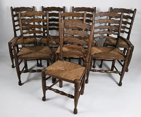 Set of 8 English Style Oak Ladder Back Dining Chairs