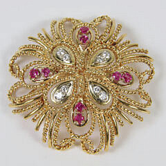 18k Yellow Gold Tiffany & Co. Diamond and Ruby Brooch / Pendant