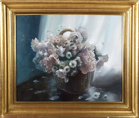 Paul Longnecker Oil on Canvas, "Floral Still Life with Basket"