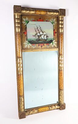 American Eglomise Gilt Divided Light Mirror with Reverse Painted Ship Decoration