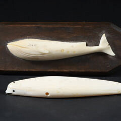 Two Antique Walrus Ivory Carved Whales, 19th Century
