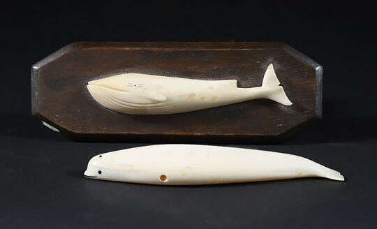 Two Antique Walrus Ivory Carved Whales, 19th Century