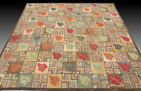 American Hooked Rug Oak Leaf Geometric Design