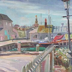 Vintage Naive Oil on Canvas “New England Pier”, Painting