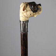 Finely Carved American Bulldog Head Grip Walking Stick, 19th Century