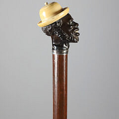 Ebony Smiling Dapper Gentleman Wearing Derby Bowler Hat Walking Stick, 19th Century