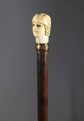Antique Carved Head of a Gentleman with Glass Eyes Walking Stick, 18th Century