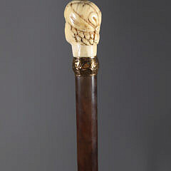 Antique Carved Head of a Gentleman with Glass Eyes Walking Stick, 18th Century