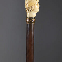 Antique Carved Head of a Gentleman with Glass Eyes Walking Stick, 18th Century