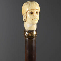Antique Carved Head of a Gentleman with Glass Eyes Walking Stick, 18th Century