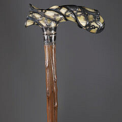 American Engraved and Monogrammed Sterling Silver Overlay L-Handle Grip Cane, 19th Century