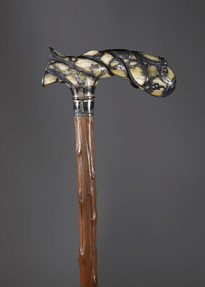 American Engraved and Monogrammed Sterling Silver Overlay L-Handle Grip Cane, 19th Century