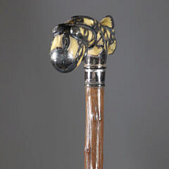 American Engraved and Monogrammed Sterling Silver Overlay L-Handle Grip Cane, 19th Century