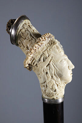 Large Intricately Carved Staghorn Head of a Man Cane, circa 1880