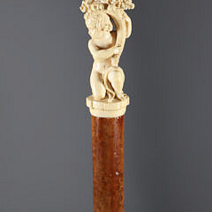 Finely Carved Child Holding Horn of Plenty Walking Stick, 19th Century