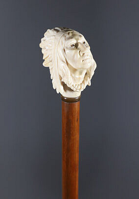 American Carved Bust of a Native American Chief Walking Stick, 19th Century
