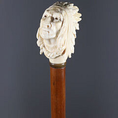 American Carved Bust of a Native American Chief Walking Stick, 19th Century