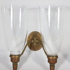 Pair of Glass Hurricane Sconces on Brass Wall Mounts